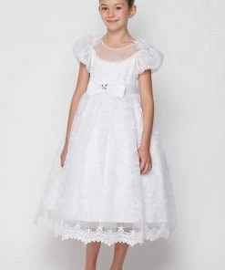 Girls White Lace Dress With Puff Sleeves By Cinderella Couture 2904