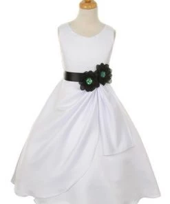 Cinderella Couture Girls White Tea Length Dress With Black Floral Sash Flower Girl Dresses