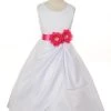Cinderella Couture Girls White Tea Length Dress With Fuchsia Floral Sash