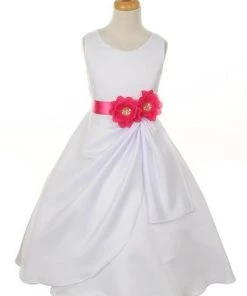 Cinderella Couture Girls White Tea Length Dress With Fuchsia Floral Sash