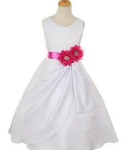 Cinderella Couture Girls White Tea Length Dress With Magenta Floral Sash Flower Girl Dresses