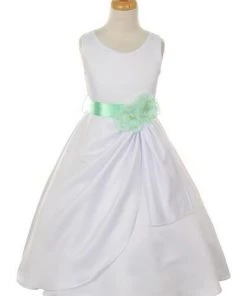 Cinderella Couture Flower Girl Dresses Girls White Tea Length Dress With Mint Floral Sash