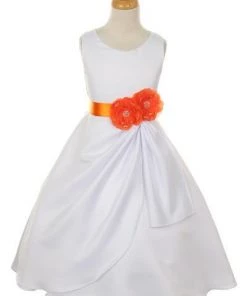 Cinderella Couture Flower Girl Dresses Girls White Tea Length Dress With Orange Floral Sash