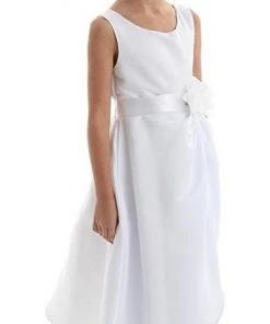 Cinderella Couture Girls White Tea Length Dress With Silver Floral Sash