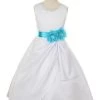 Cinderella Couture Girls White Tea Length Dress With Turquoise Floral Sash Flower Girl Dresses