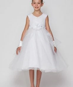 Girls White Tulle Dress With 3D Appliques By Cinderella Couture 2907 Flower Girl Dresses