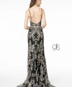 Glitter Embroidered Long Fitted V-Neck Dress By Elizabeth K GL2990 Prom