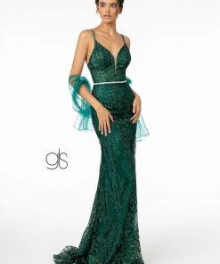 Glitter Embroidered Long Fitted V-Neck Dress By Elizabeth K GL2990 Prom