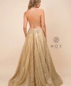 Prom Glitter Mesh V-Neck Gown With Corset Back By Nox Anabel R349