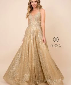 Prom Glitter Mesh V-Neck Gown With Corset Back By Nox Anabel R349