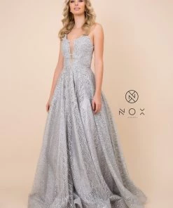 Prom Glitter Mesh V-Neck Gown With Corset Back By Nox Anabel R349