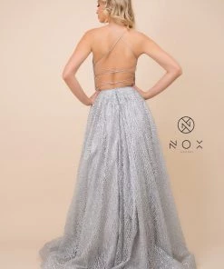 Prom Glitter Mesh V-Neck Gown With Corset Back By Nox Anabel R349