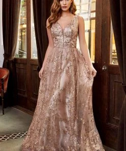 Glitter Print Ball Gown By Cinderella Divine CB068