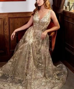 Glitter Print Ball Gown By Cinderella Divine CB068