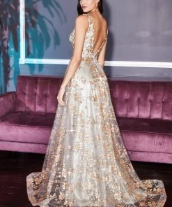 Glitter Print Ball Gown By Cinderella Divine CB068