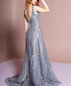 Elizabeth K Glitter Print Gown With Illusion V-Neckline By GLS Gloria GL2698