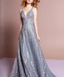 Elizabeth K Glitter Print Gown With Illusion V-Neckline By GLS Gloria GL2698