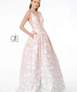 Glitter Print Long Illusion V-Neck Dress By Elizabeth K GL2897