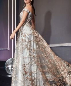 Glitter Print Off Shoulder Gown By Cinderella Divine CB069