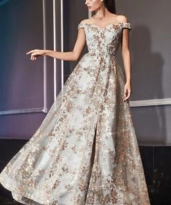 Glitter Print Off Shoulder Gown By Cinderella Divine CB069