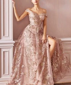 Glitter Print Off Shoulder Gown By Cinderella Divine CB069