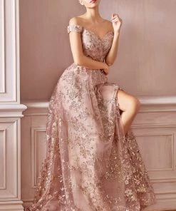 Glitter Print Off Shoulder Gown By Cinderella Divine CB069