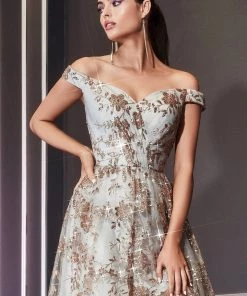 Glitter Print Off Shoulder Gown By Cinderella Divine CB069