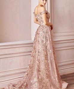 Glitter Print Off Shoulder Gown By Cinderella Divine CB069