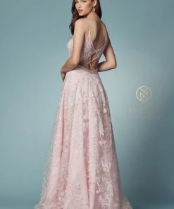 Glitter Print Sleeveless A-line Gown By Nox Anabel T1011