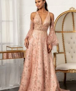 Glitter Print V-Neck Gown By Elizabeth K GL3002 Prom