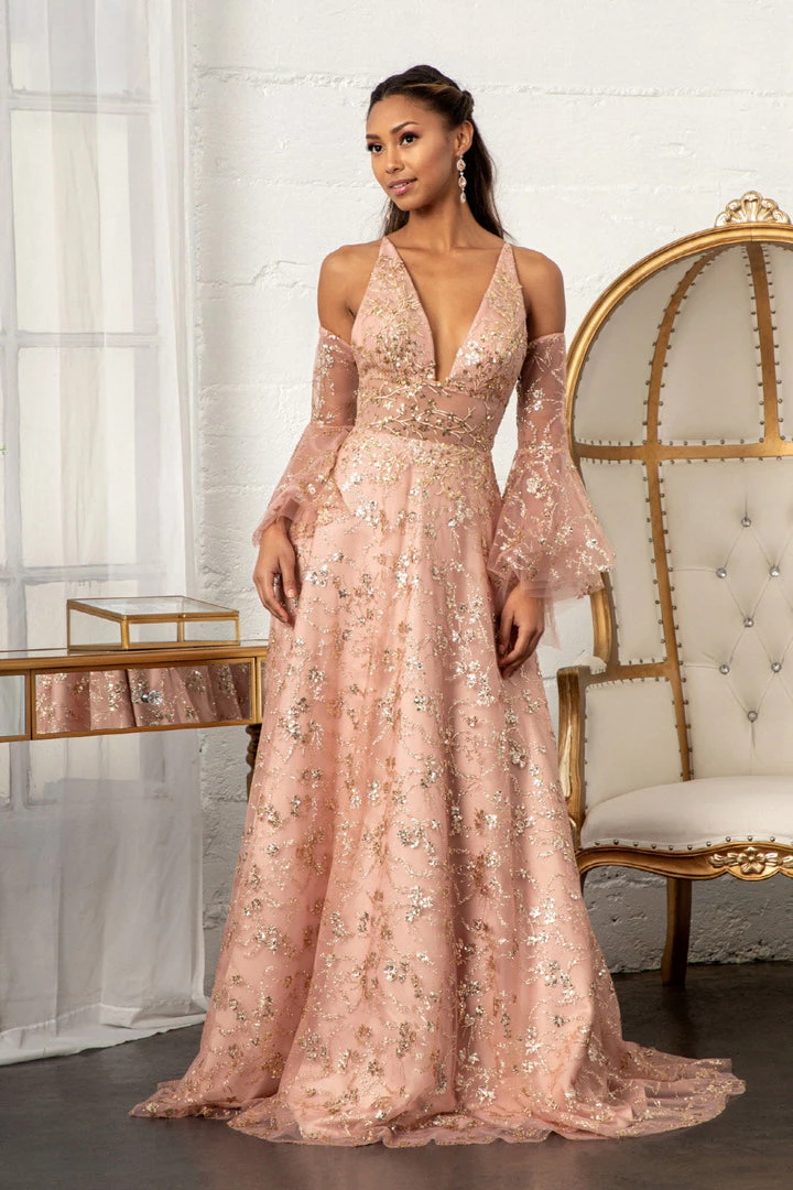 Glitter Print V-Neck Gown By Elizabeth K GL3002 Prom 3 Glitter Print V-Neck Gown By Elizabeth K GL3002 Prom