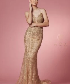 Glitter Print V-Neck Mermaid Dress By Nox Anabel R282-1