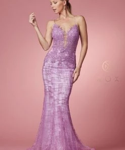 Glitter Print V-Neck Mermaid Dress By Nox Anabel R282-1