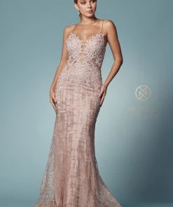 Glitter Print V-Neck Mermaid Dress By Nox Anabel R282-1