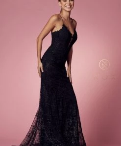 Glitter Print V-Neck Mermaid Dress By Nox Anabel R282-1