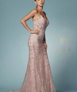Glitter Print V-Neck Mermaid Dress By Nox Anabel R282-1