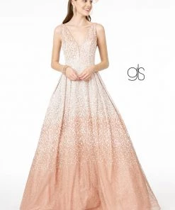 Glitter Tulle Long Illusion V-Neck Dress By Elizabeth K GL2908