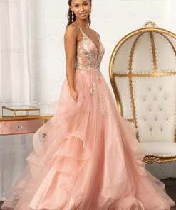Glitter V-Neck Ball Gown By Elizabeth K GL3021