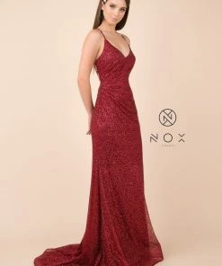 Prom Glitter V-Neck Trumpet Dress With Open Back By Nox Anabel T290