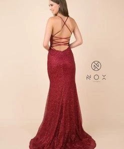 Prom Glitter V-Neck Trumpet Dress With Open Back By Nox Anabel T290