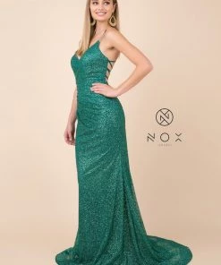Prom Glitter V-Neck Trumpet Dress With Open Back By Nox Anabel T290