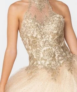 Gold Applique Halter Ball Gown With Glitter Skirt By Elizabeth K GL2805 18 Gold Applique Halter Ball Gown With Glitter Skirt By Elizabeth K GL2805