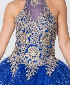 Gold Applique Halter Ball Gown With Glitter Skirt By Elizabeth K GL2805 22 Gold Applique Halter Ball Gown With Glitter Skirt By Elizabeth K GL2805