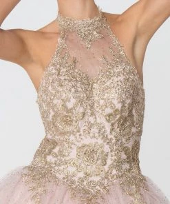 Gold Applique Halter Ball Gown With Glitter Skirt By Elizabeth K GL2805 20 Gold Applique Halter Ball Gown With Glitter Skirt By Elizabeth K GL2805