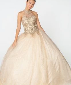 Gold Applique Halter Ball Gown With Glitter Skirt By Elizabeth K GL2805 17 Gold Applique Halter Ball Gown With Glitter Skirt By Elizabeth K GL2805