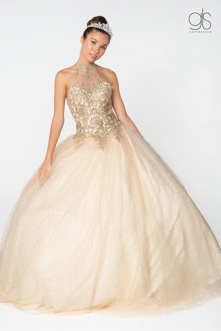 Gold Applique Halter Ball Gown With Glitter Skirt By Elizabeth K GL2805 7 Gold Applique Halter Ball Gown With Glitter Skirt By Elizabeth K GL2805