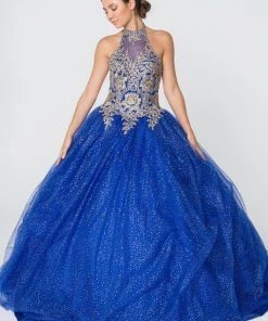 Gold Applique Halter Ball Gown With Glitter Skirt By Elizabeth K GL2805 21 Gold Applique Halter Ball Gown With Glitter Skirt By Elizabeth K GL2805