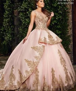 Mary's Bridal Gold Applique Illusion Quinceanera Dress By Alta Couture MQ3034 Quinceañera