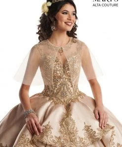 Mary's Bridal Gold Applique Illusion Quinceanera Dress By Alta Couture MQ3034 Quinceañera