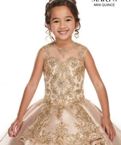 Mary's Bridal Gold Applique Illusion Quinceanera Dress By Alta Couture MQ3034 Quinceañera